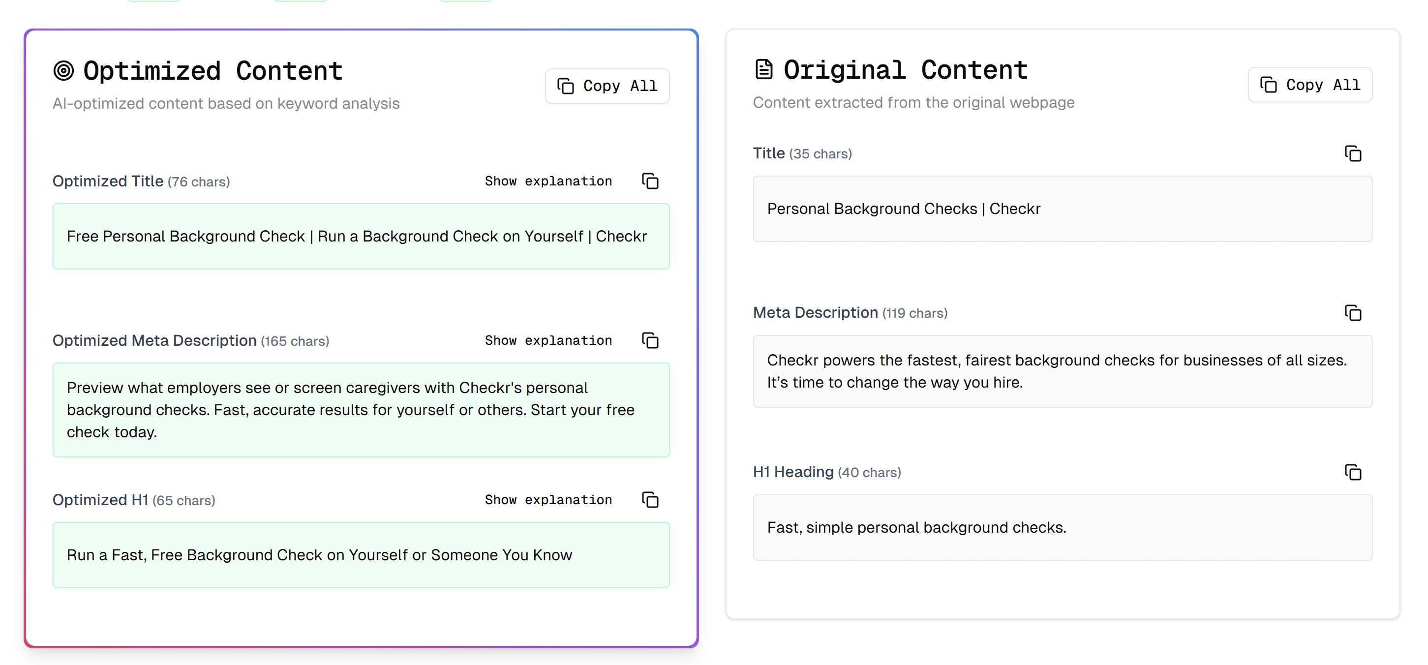 Side-by-side comparison of optimized vs original content showing collapsed explanations with 'Show explanation' buttons for title, meta description, and H1 optimizations